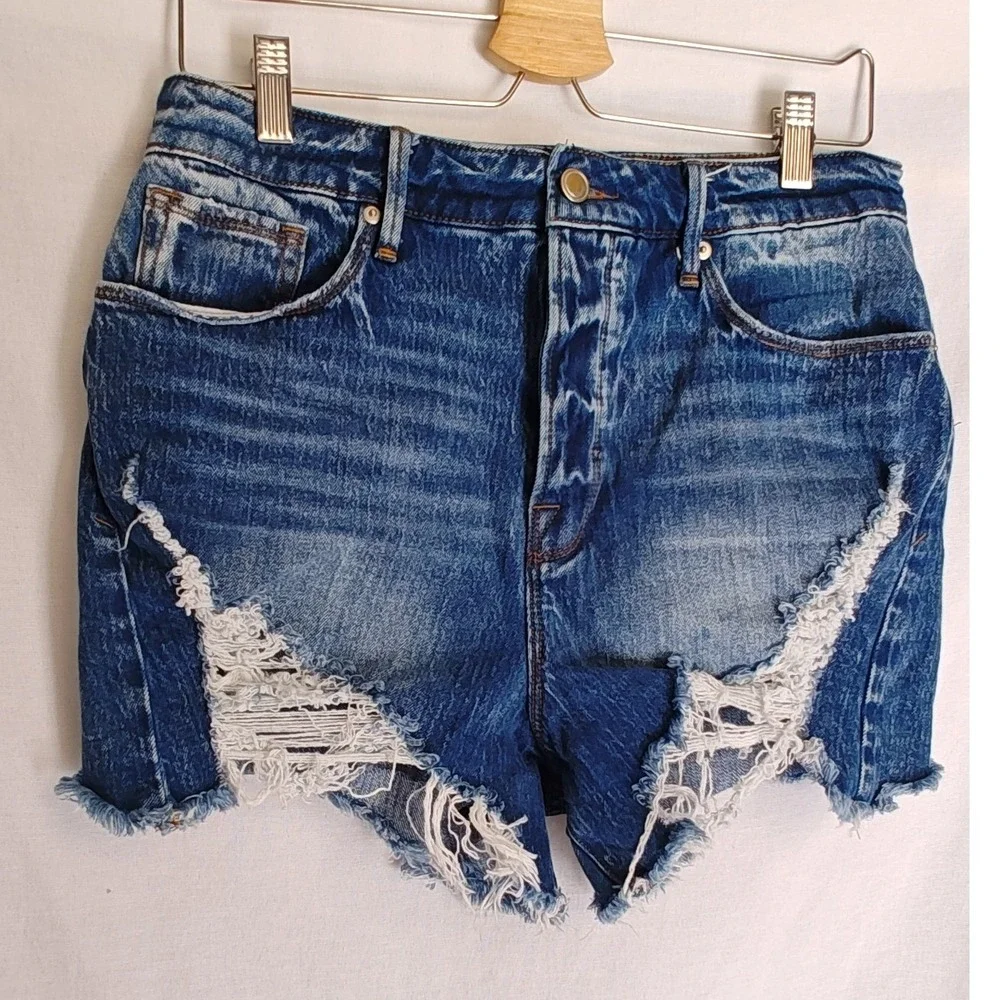 Good American Denim Shorts Bombshell 8‎ 29 Blue High Rise Distressed GBS991T